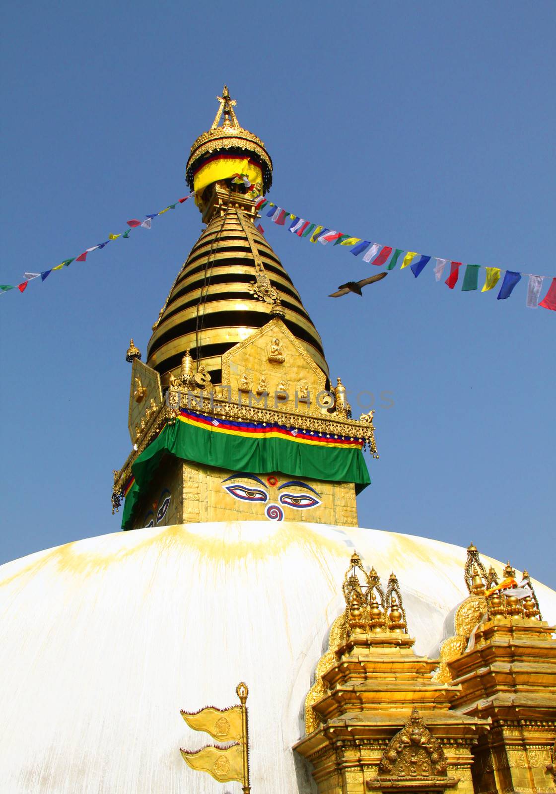 Stupa of the swayambhunath temple with blue sky in kathmandu, Nepal 