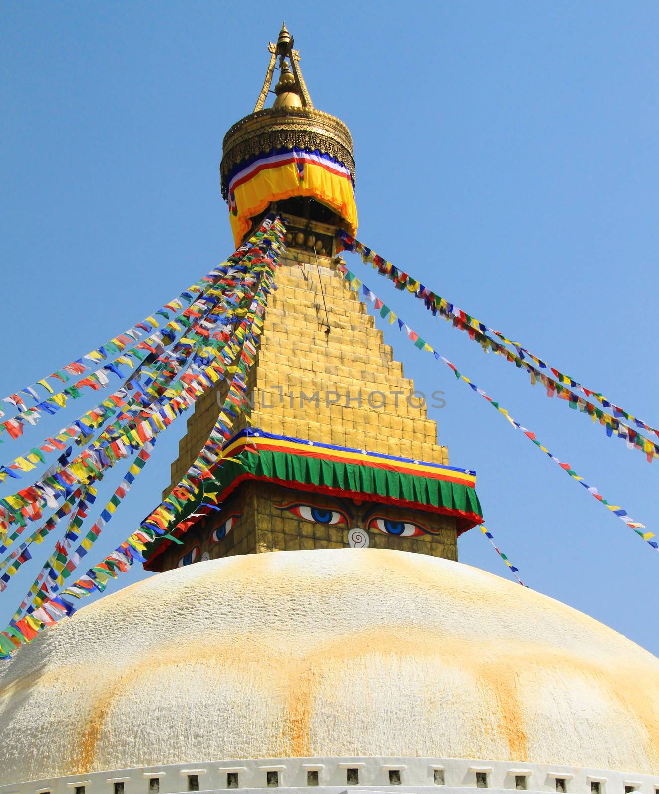 Stupa of the swayambhunath temple with blue sky in kathmandu, Nepal 