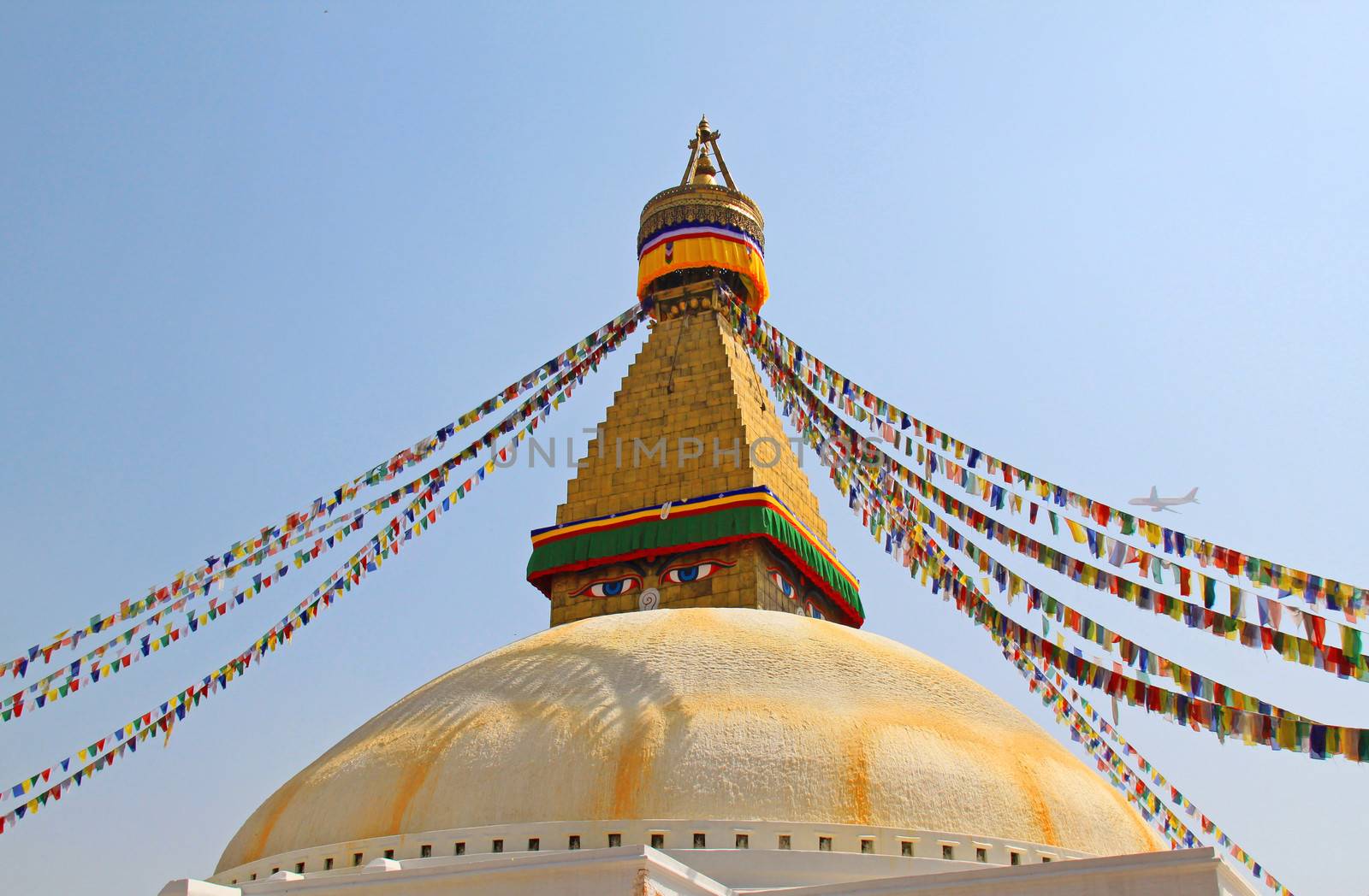 Stupa of the swayambhunath temple with blue sky in kathmandu, Nepal 