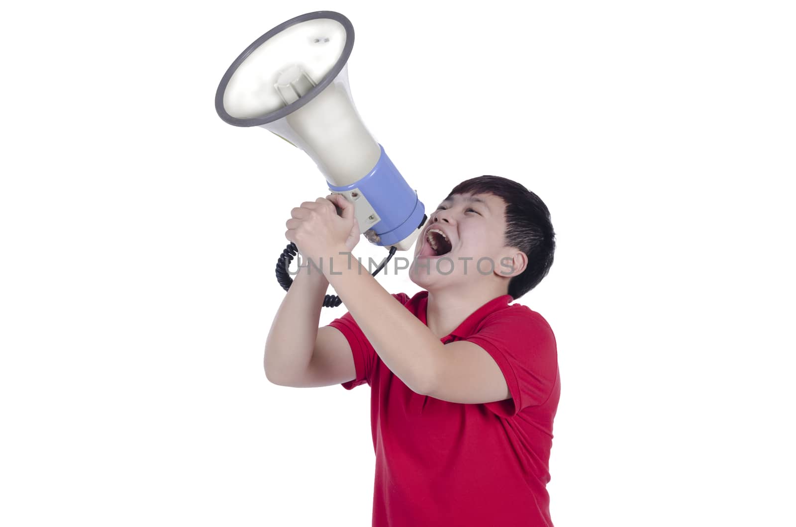 Student shouting through megaphone with white background