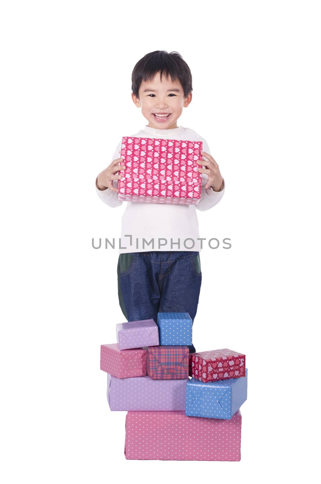 Happy cute boy receive gift with white background