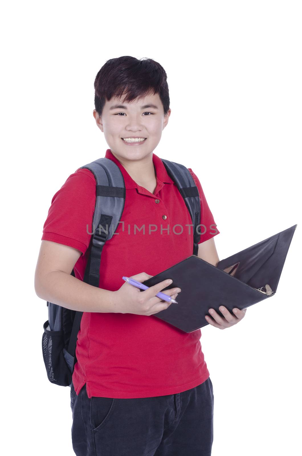 Young pretty Asian student open note and smile with white background