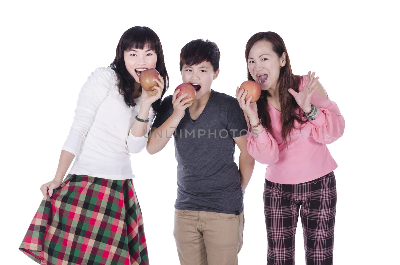 Pertty girls eating apples over white background