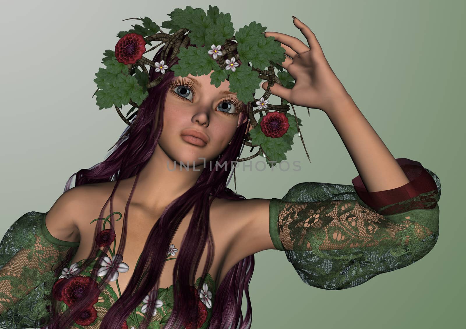 3D digital render of a cute summer girl on green shining background