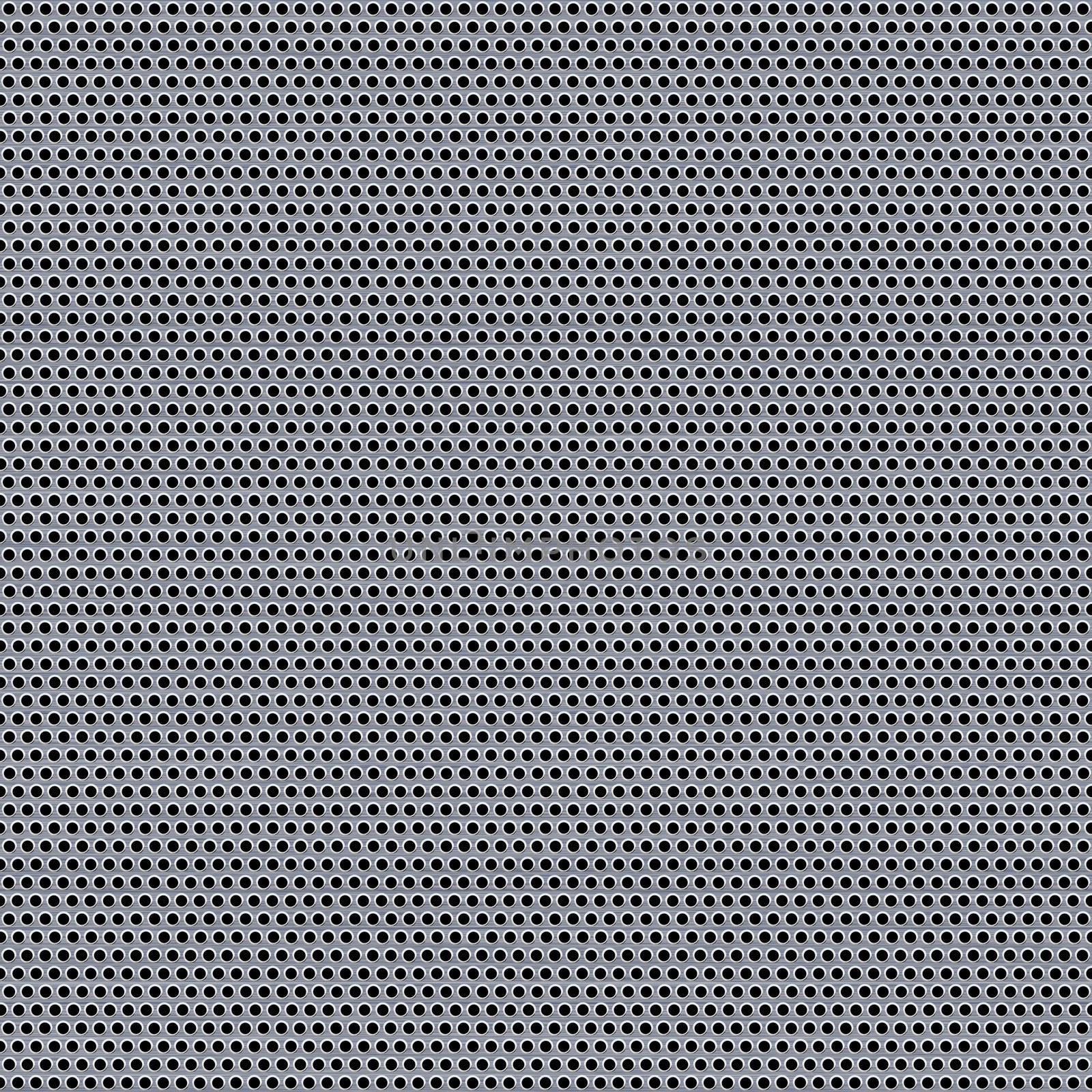 A metal grill texture with circular holes.