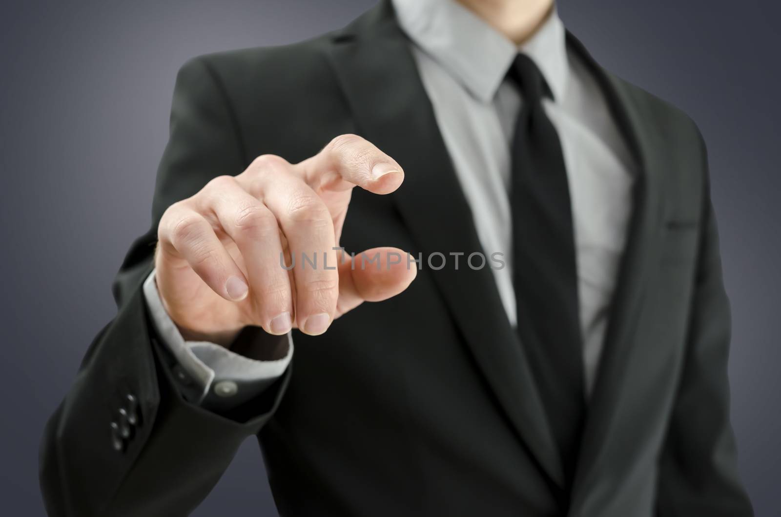 Closeup of businessman touching empty virtual screen.