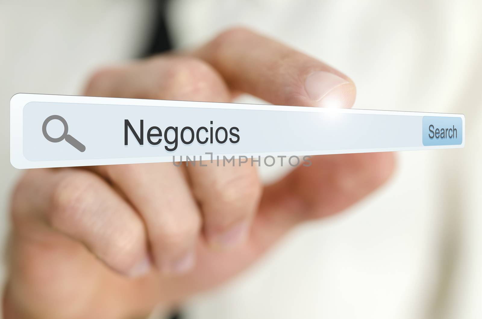 Word Negocios written in search bar on virtual screen.