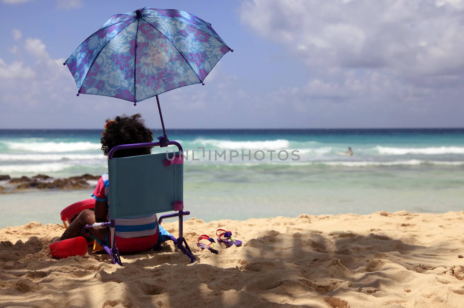 The little girl on the beach in summer