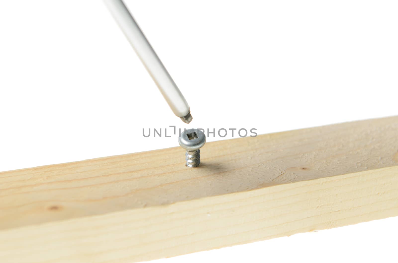 Robertson screwdriver screwing into wood, isolated on white background.