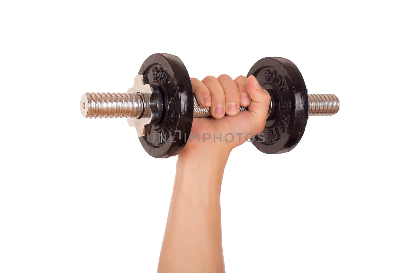 Dumbbell held firmly in the hand. Isolated on white background.