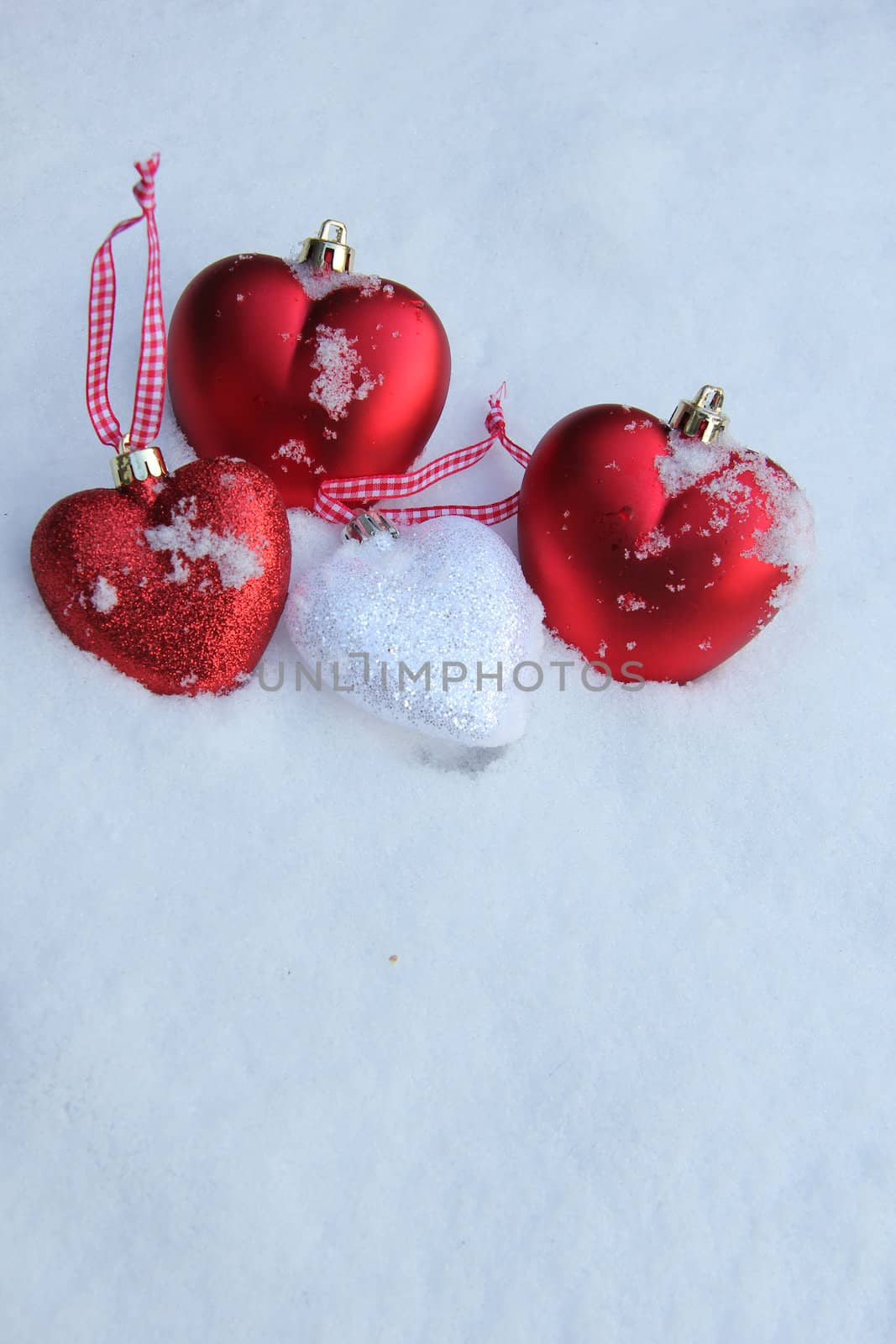 Red and white heart ornaments in snow by studioportosabbia