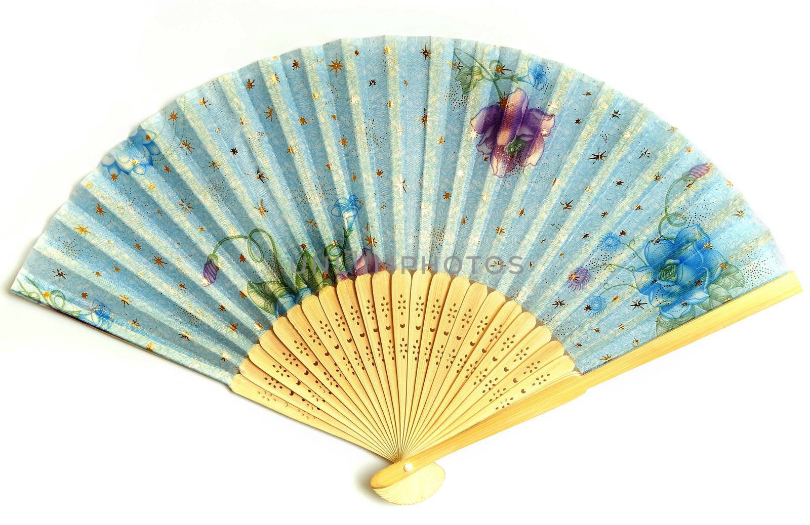 Close-up photo of the blue Chinese fan on a white background