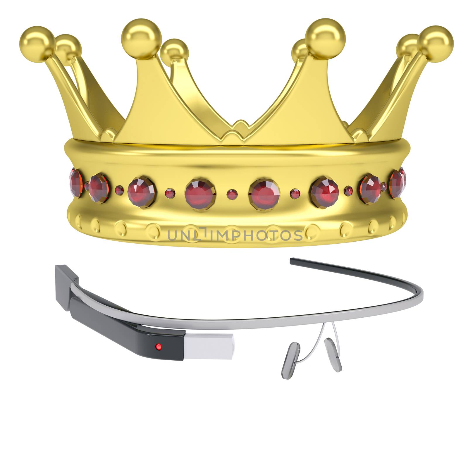 Google Glass and a golden crown. Isolated render on a white background