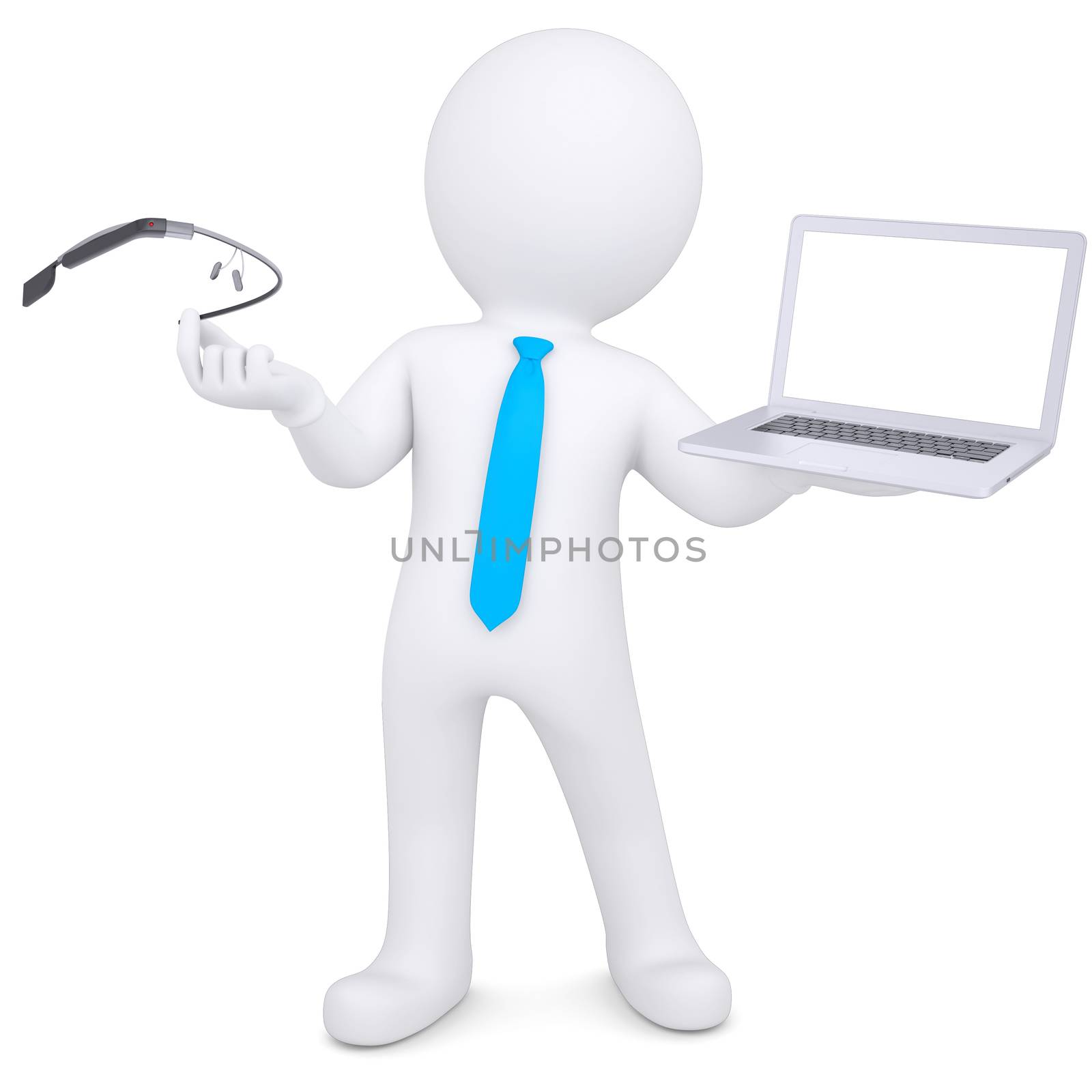 3d man holding a laptop and Google Glass. Isolated render on a white background