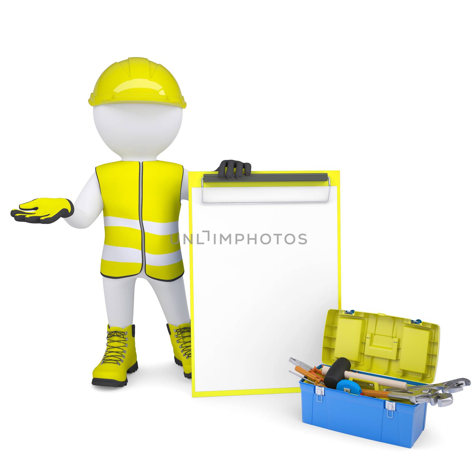 3d white man in overalls with checklists and tools. Isolated render on a white background