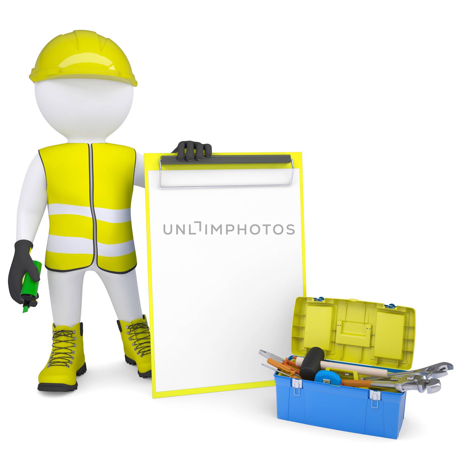 3d white man in overalls with checklists and tools by cherezoff