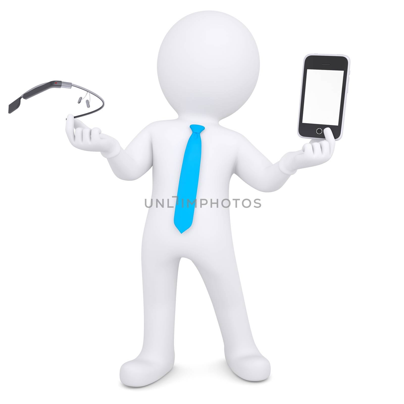 3d man holding a Google Glass and smartphone by cherezoff