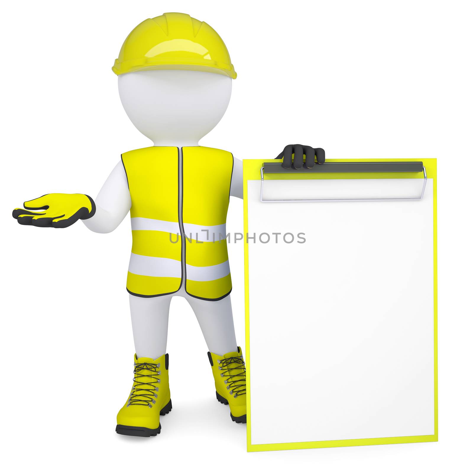 3d white man in overalls with a checklist. Isolated render on a white background