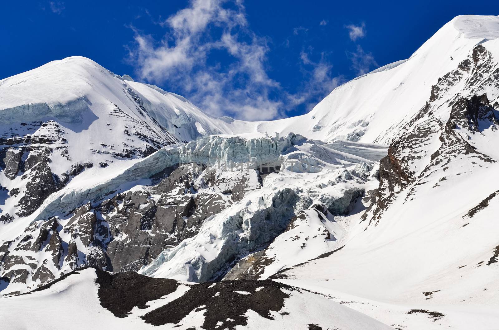High mountain glacier and snow peaks and slopes, Himalayas, Nepal