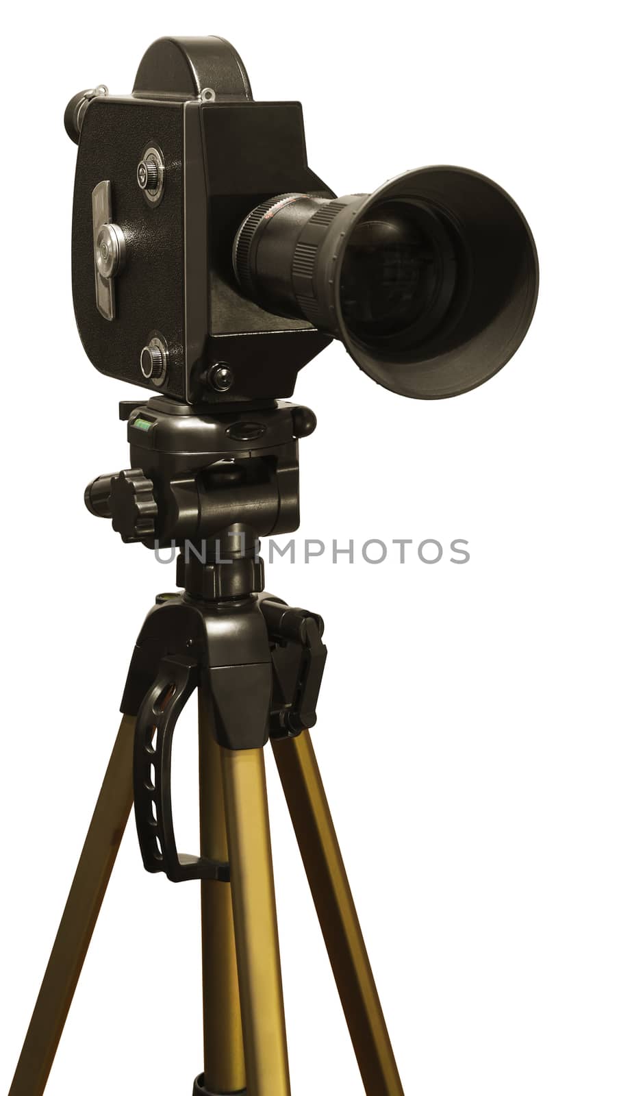 Old fashioned movie camera on a tripod close-up isolated on a white background.
