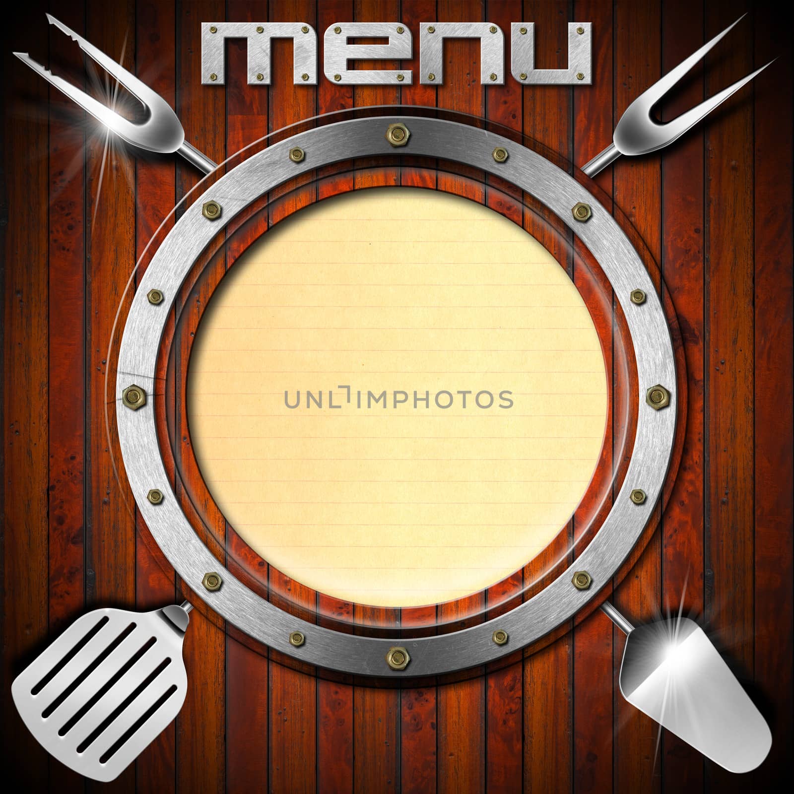 Restaurant wooden menu with metal porthole, yellow empty page and kitchen utensils