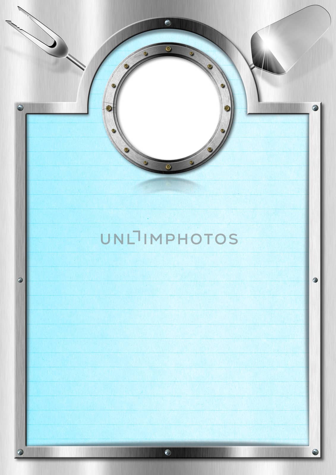 Restaurant metal menu with metal porthole and blue empty page

