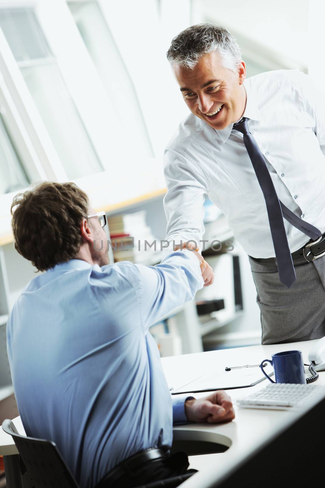 Businessmen shaking hands in office