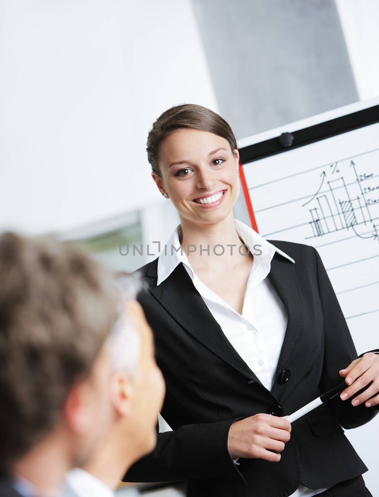 Portrait of a smiling businesswoman giving a presentation at work