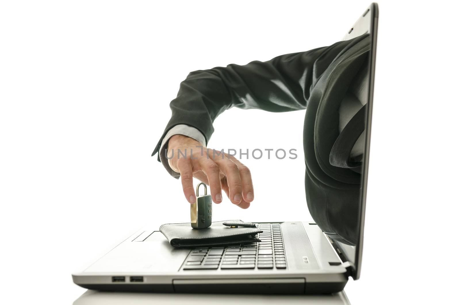 Male hand coming out of laptop monitor stealing ones wallet. Isolated over white background.