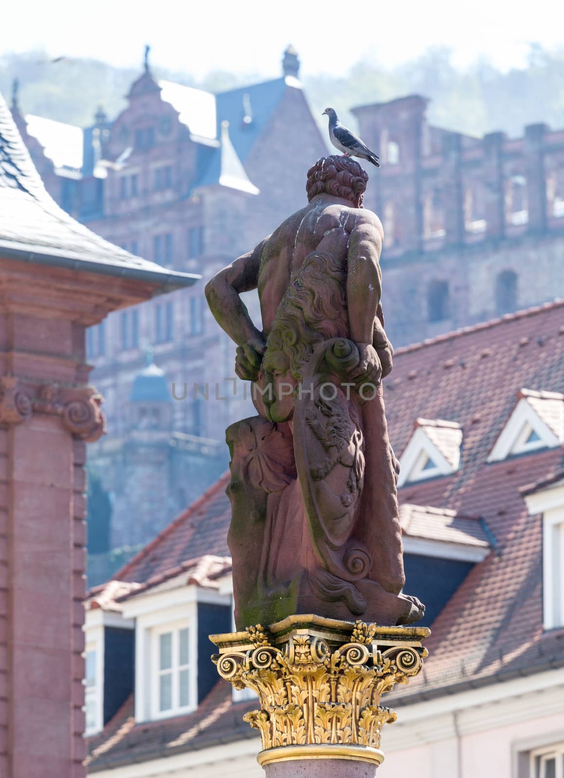 Statue of Hercules erected in 1703 in Market Square by Rathaus in old town city of Heidelberg Germany