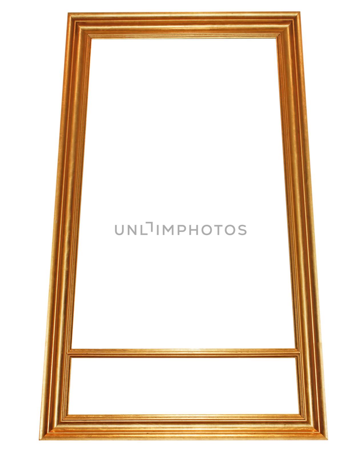 Golden vintage wooden frame isolated white background.