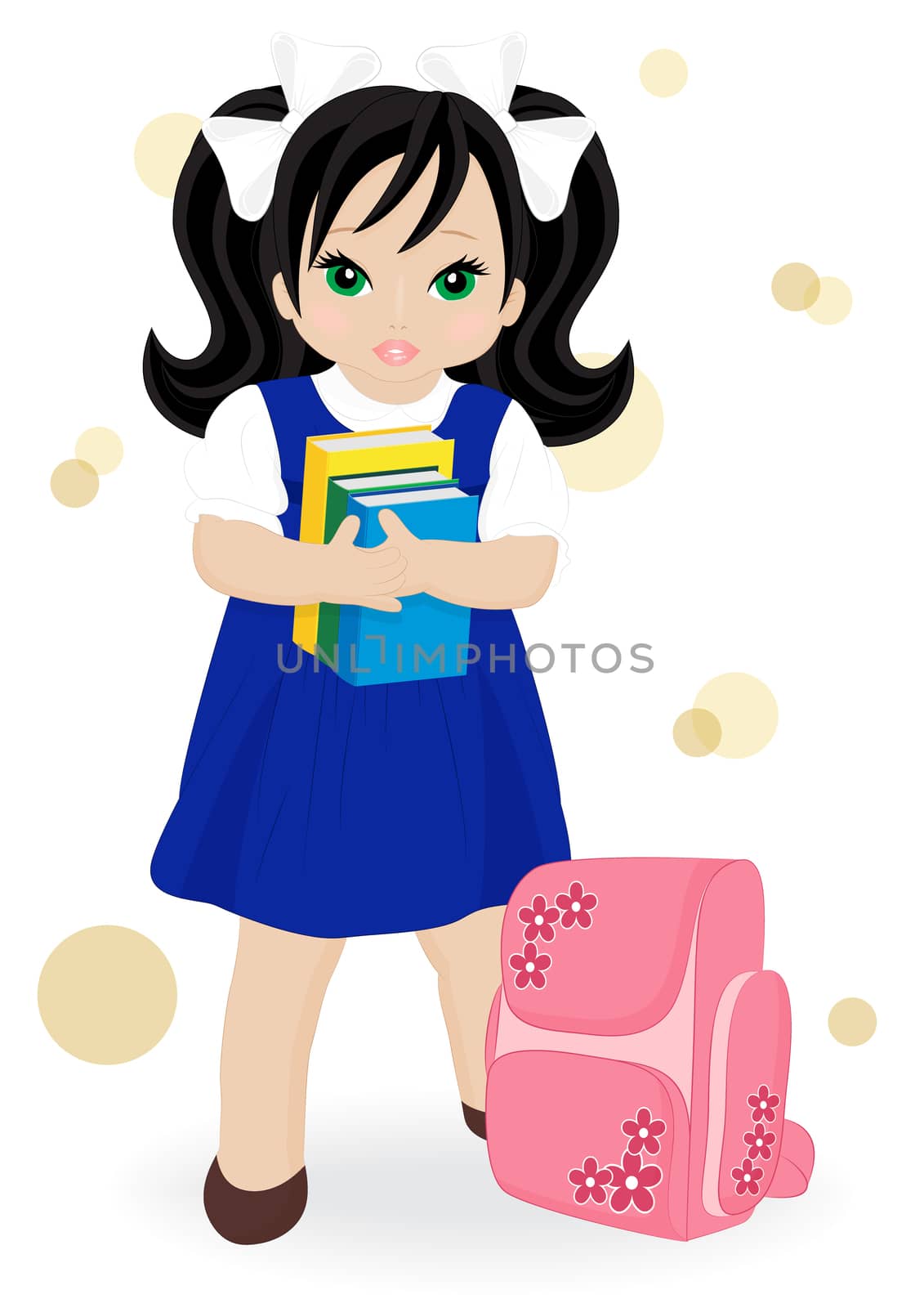 schoolgirl in blue dress with books and school bags