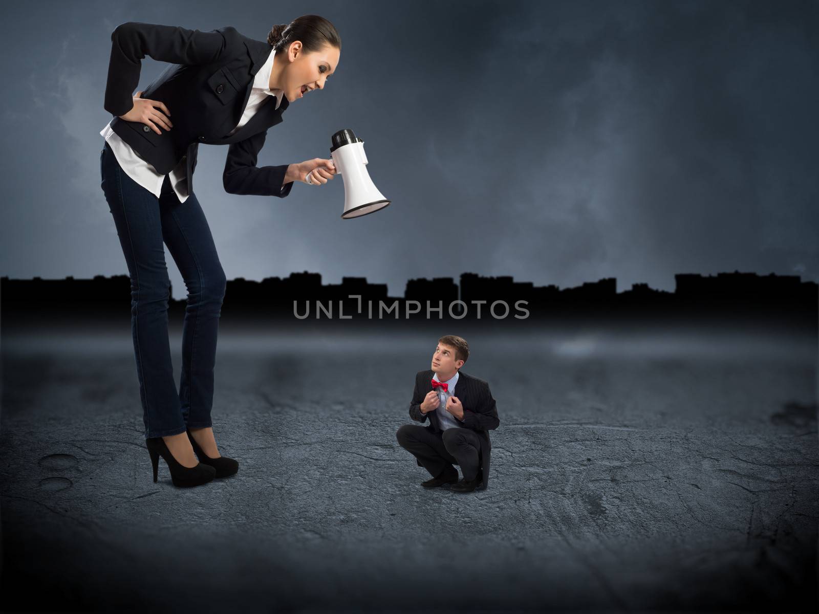 woman screams at the frightened man, the concept of aggression