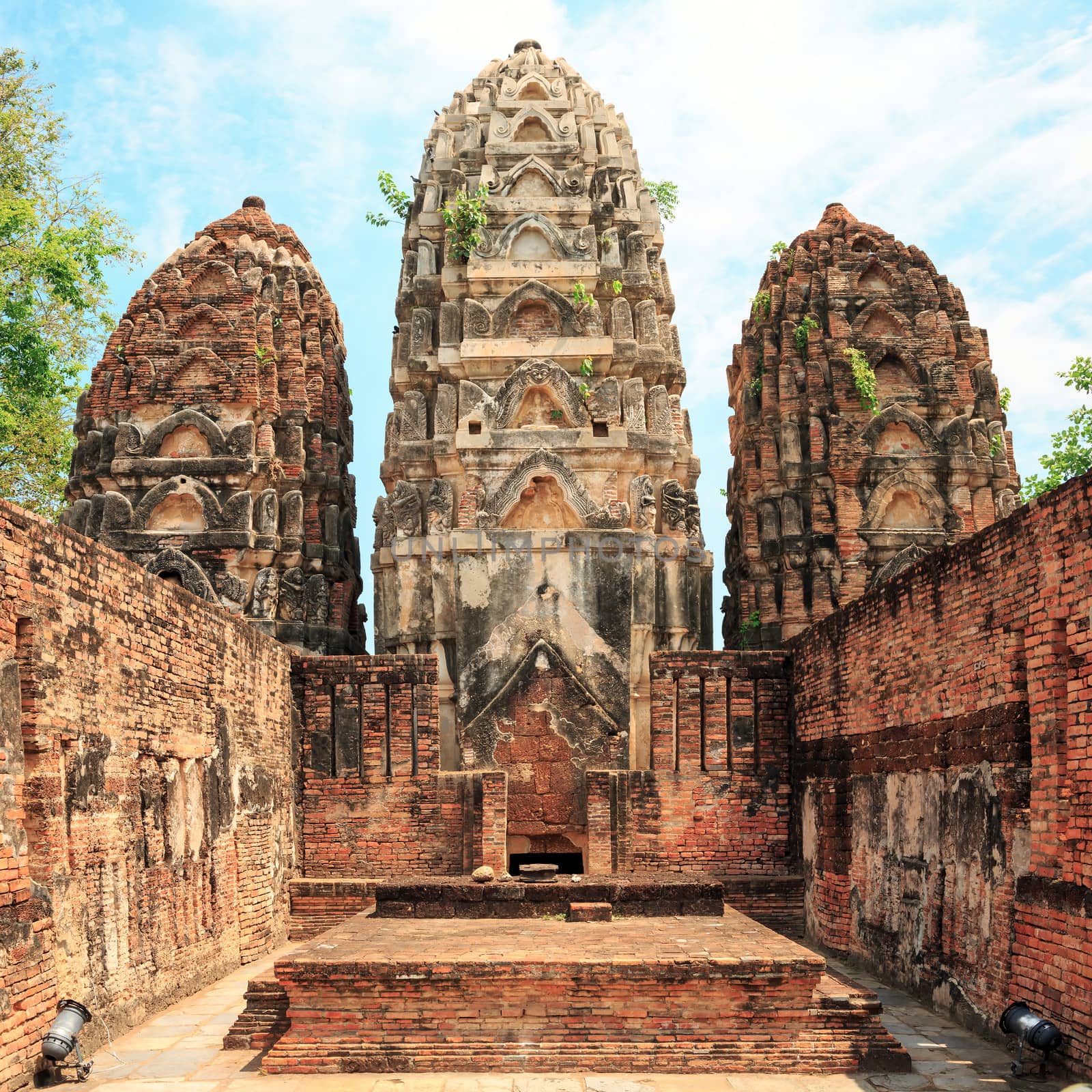Temple Pagoda Ruin in Sukhothai historical park, the old town of Thailand in 800 years ago