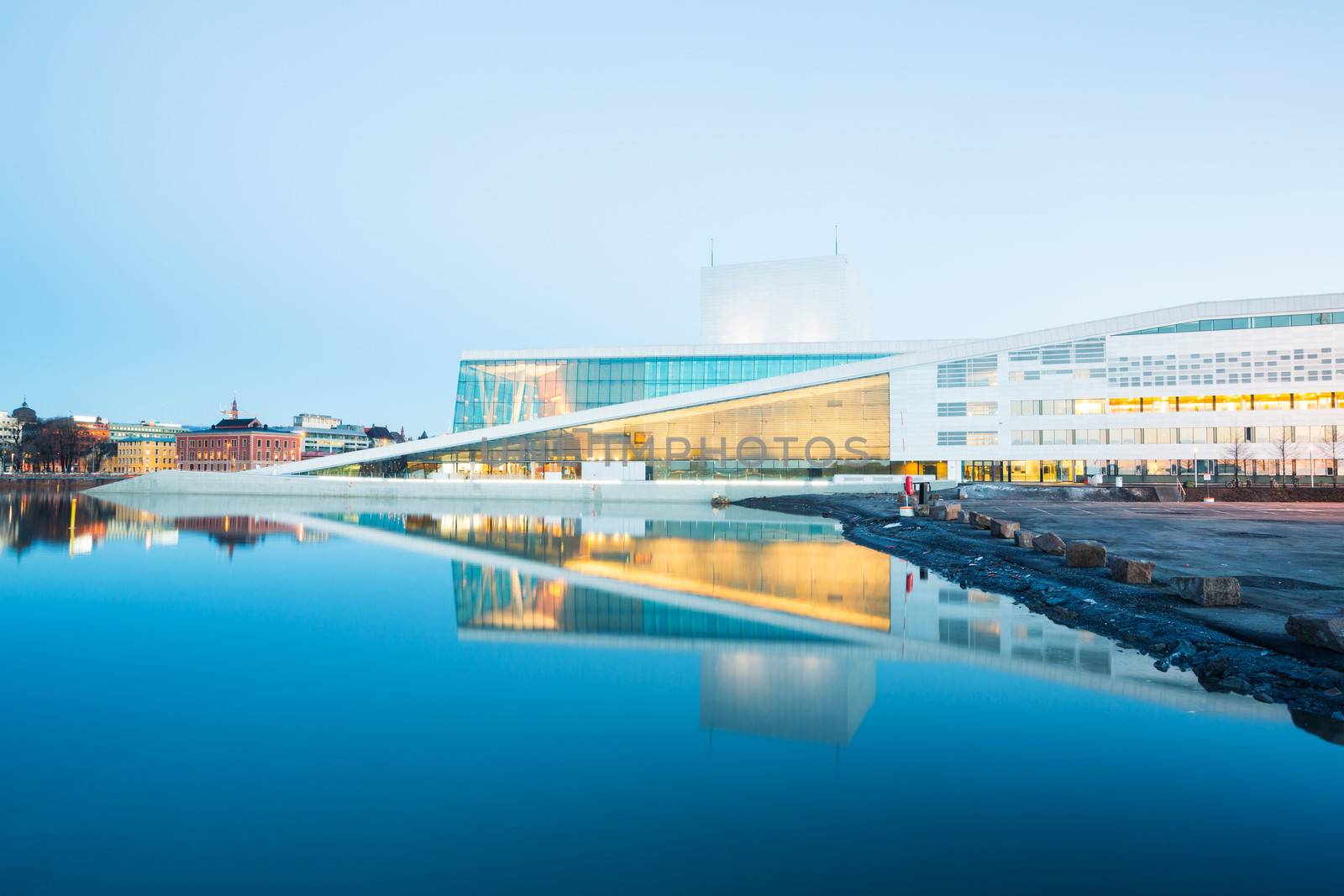Oslo Opera House shine at dusk, morning twilight,  Norway