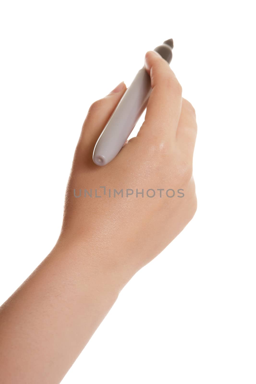 female hand writes a marker on a white background