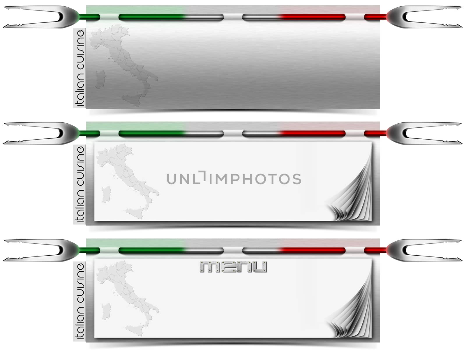 Three horizontal restaurant italian cuisine menu with blank pages and fork

