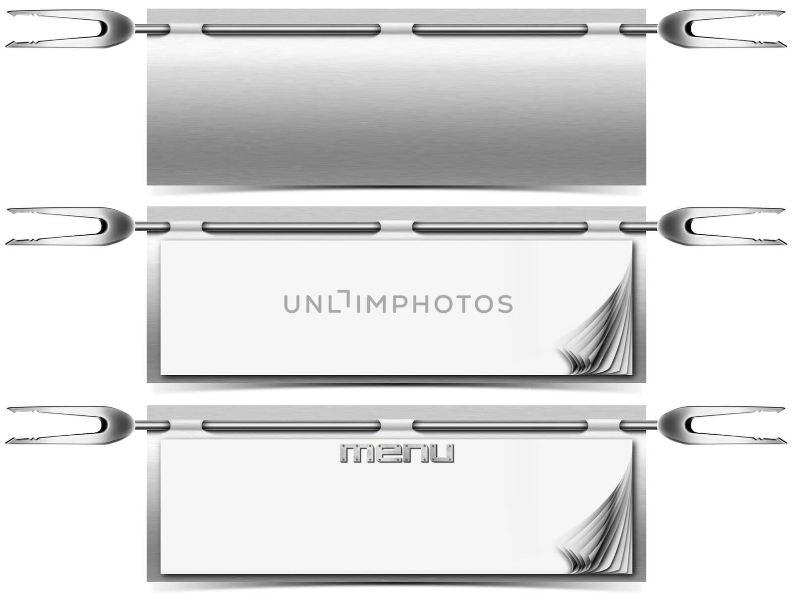 Three horizontal restaurant metal menu with blank pages and fork

