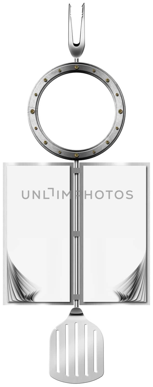 Restaurant metal menu with metal porthole, empty page with kitchen tools
