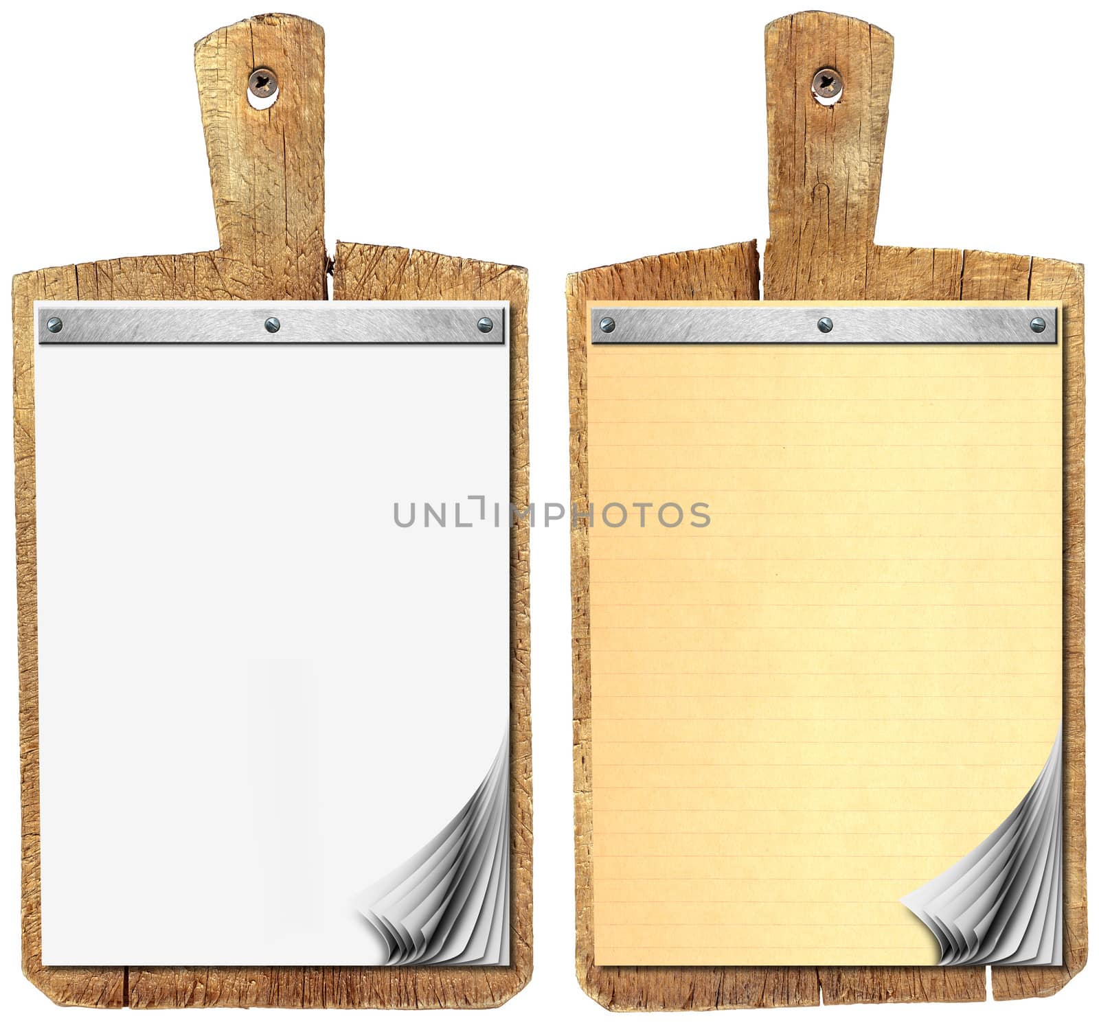 Two Notebooks for recipes or menu on used wooden cutting board
