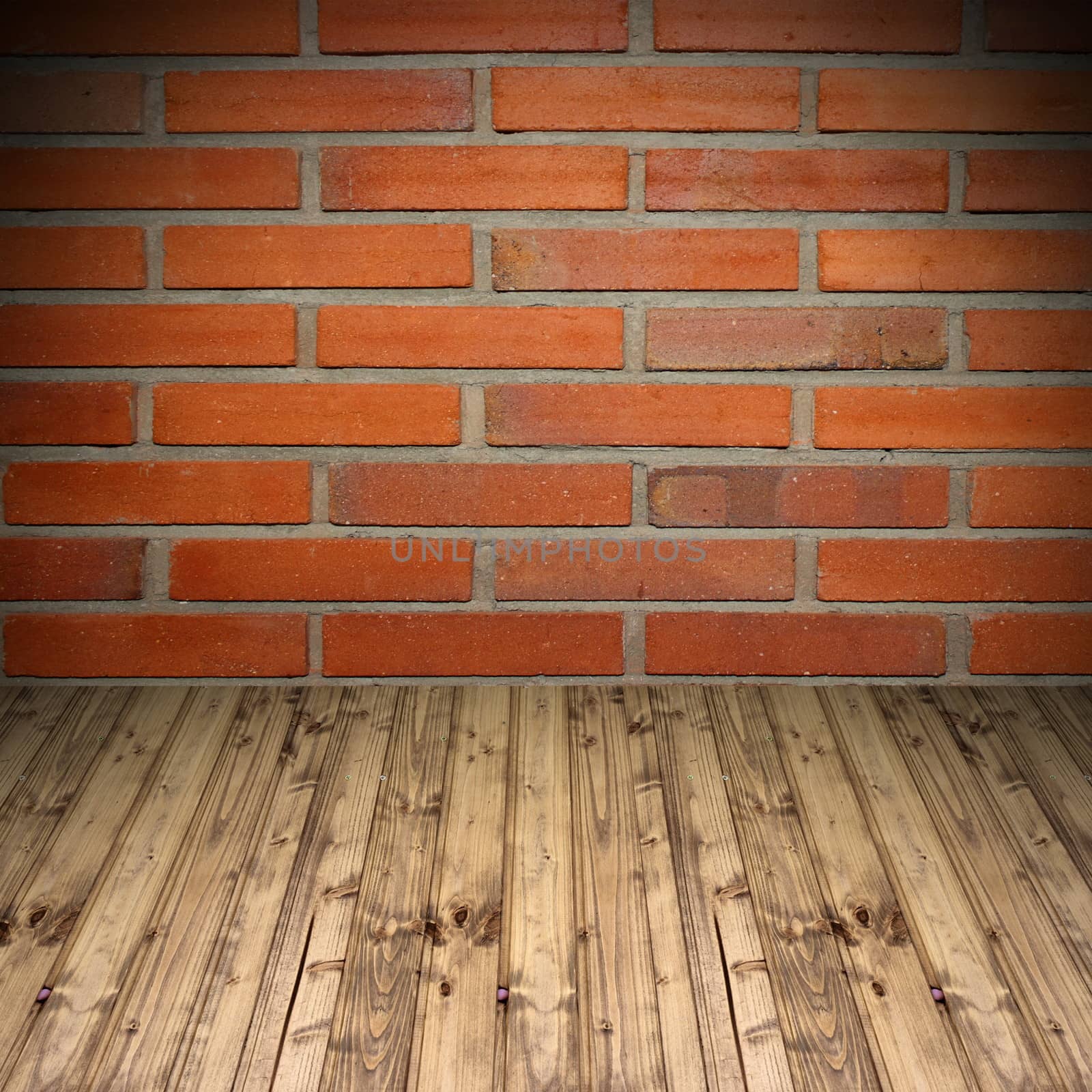 empty background with old brick wall and wooden floor