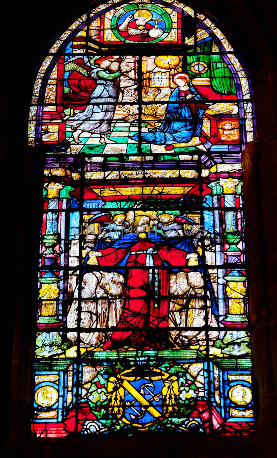 Queen Isablella Annuciation Stained Glass Created 1534 Seville Cathedral, Cathedral of Saint Mary of the See, Seville, Andalusia Spain.  Built in the 1500s.  Largest Gothic Cathedral in the World and Third Largest Church in the World.  Burial Place of Christopher Columbus.