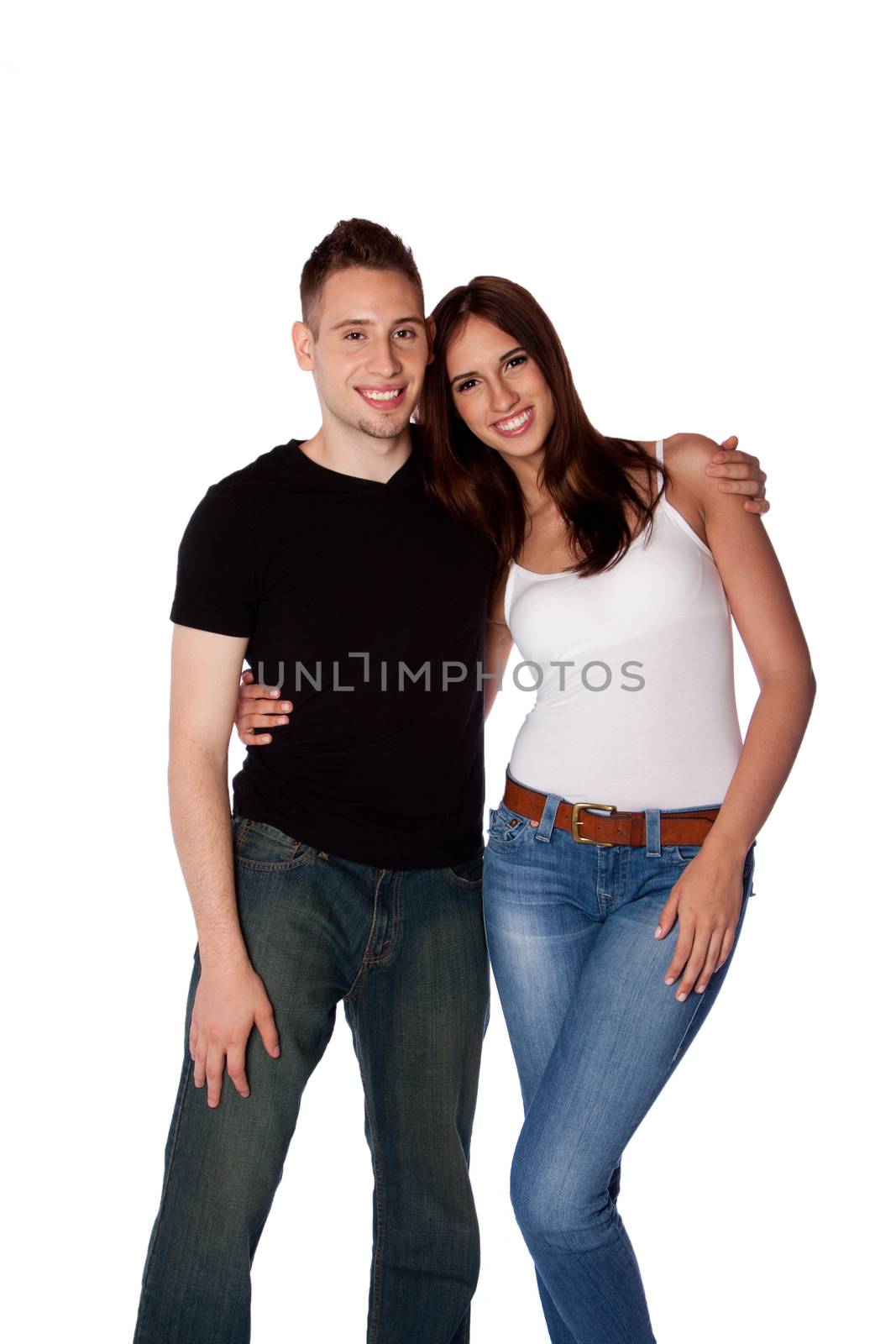 Happy smiling couple together showing love and friendship while hugging, isolated.
