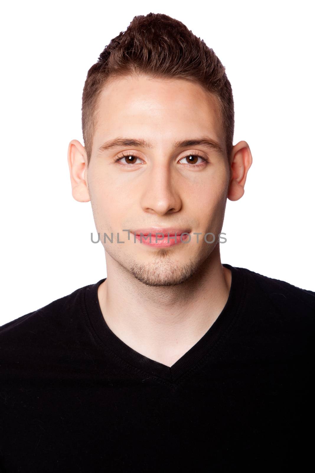 Face of handsome young man in black shirt, isolated.