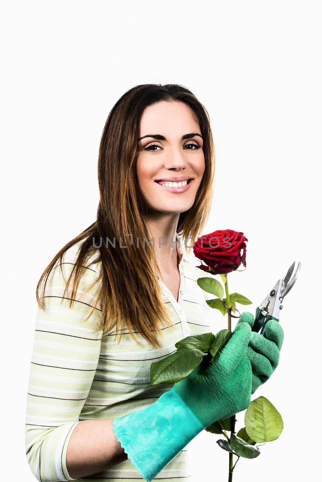 Gardening. Woman worker with flowers. Isolated over white background 