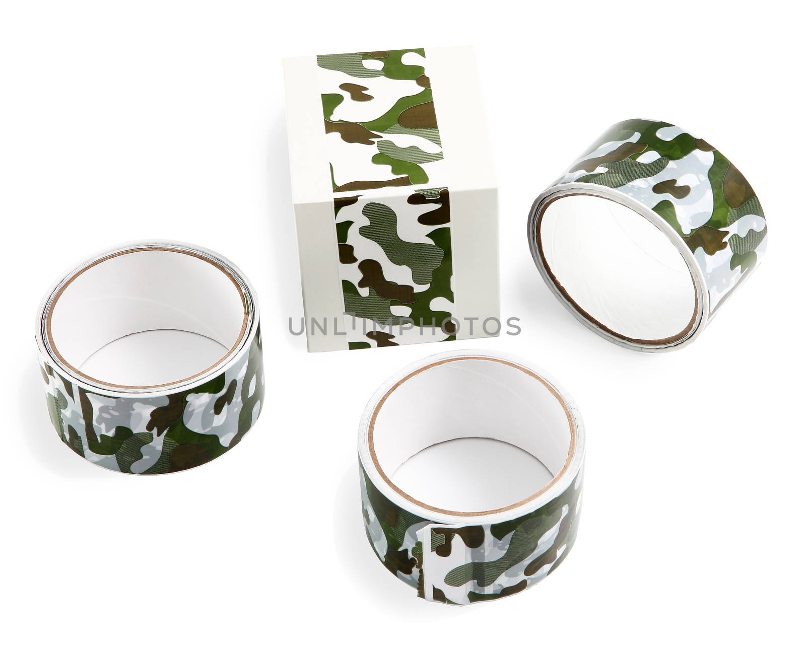 Three rolls of duct tape with print green camouflage and a box wrapped with ribbon for packing purchases and gifts. Flexible packaging materials and products.