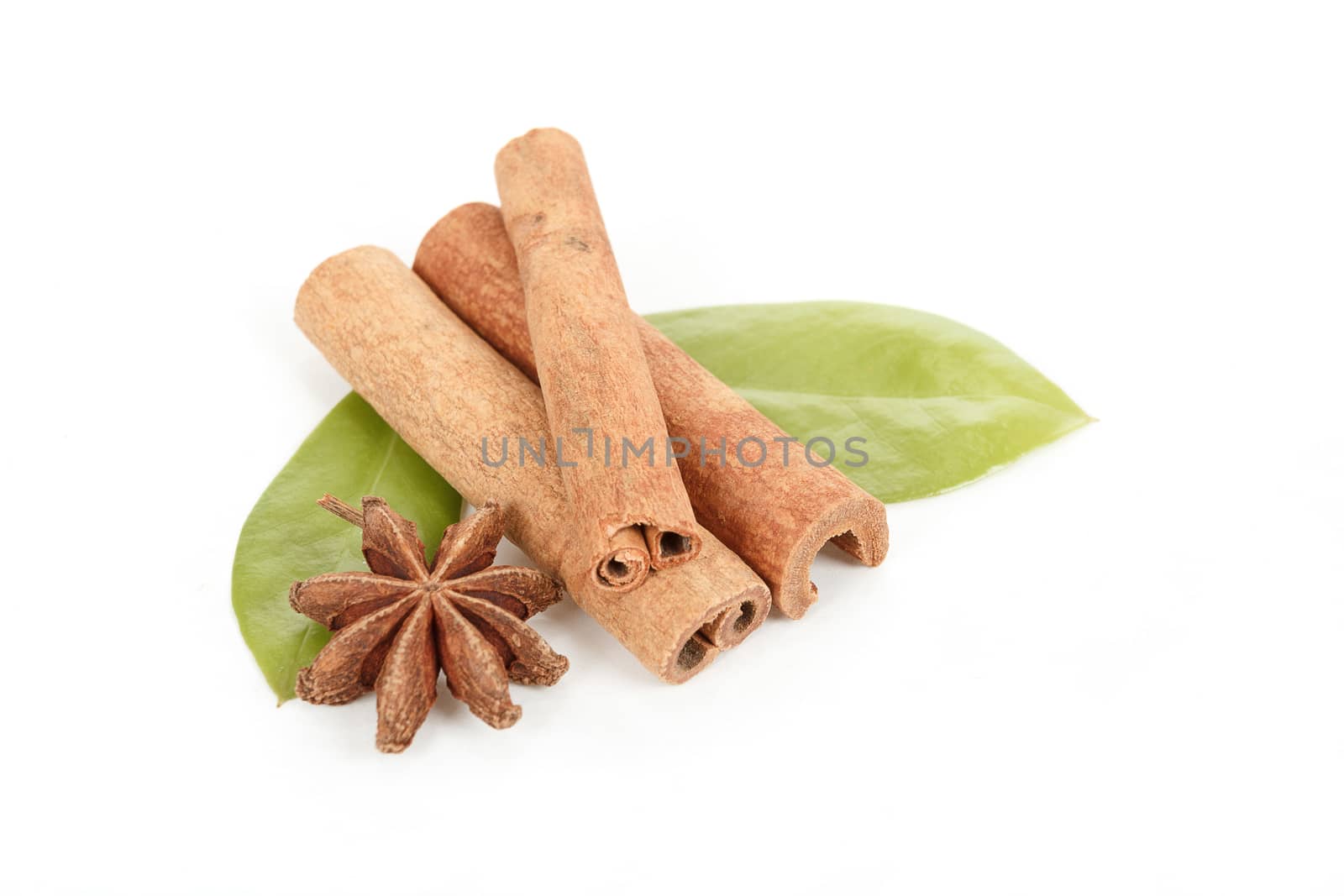 Star Anise, cinnamon and green leave isolated on white background 