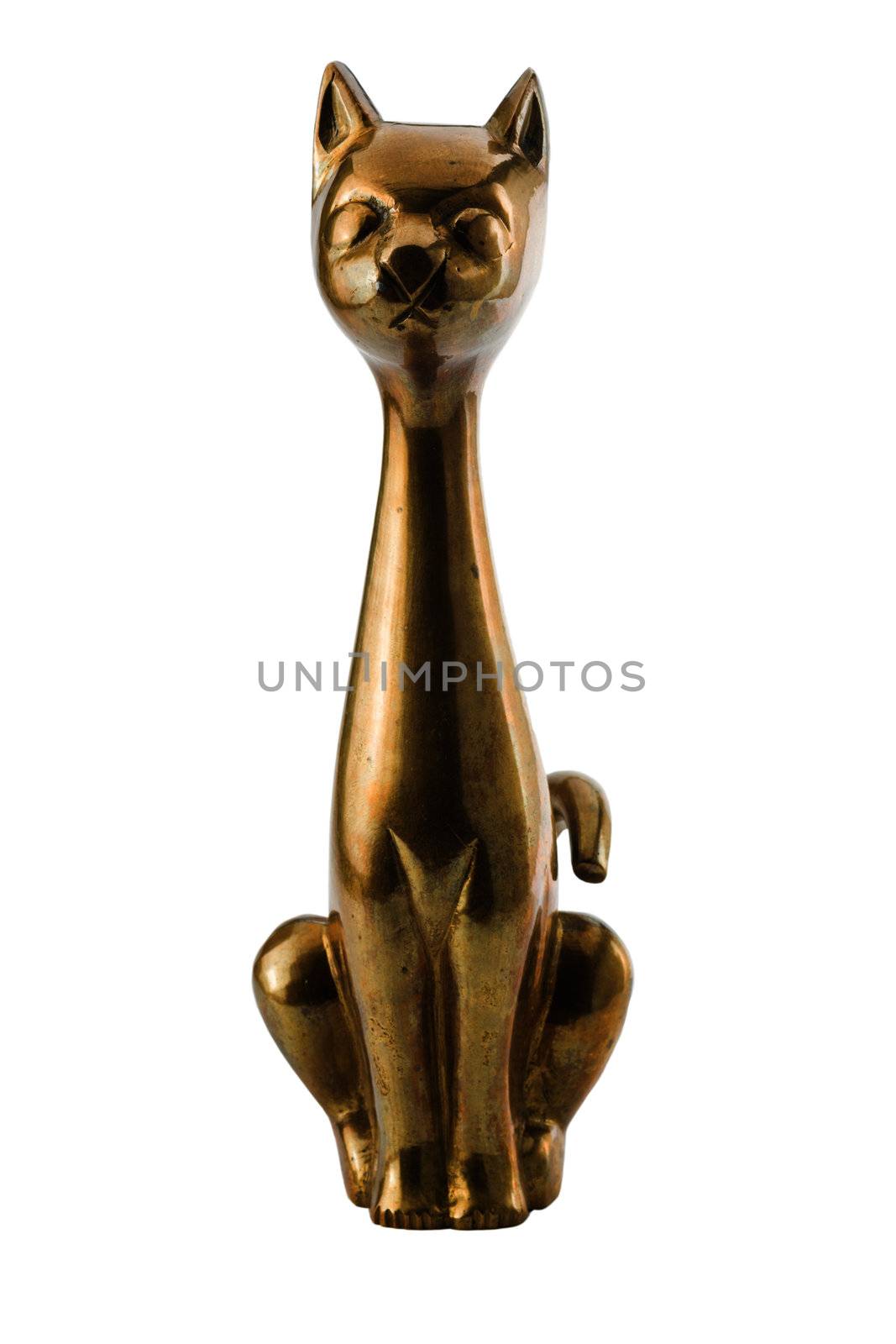 Brass figure of the metalic cat over the white by dedron