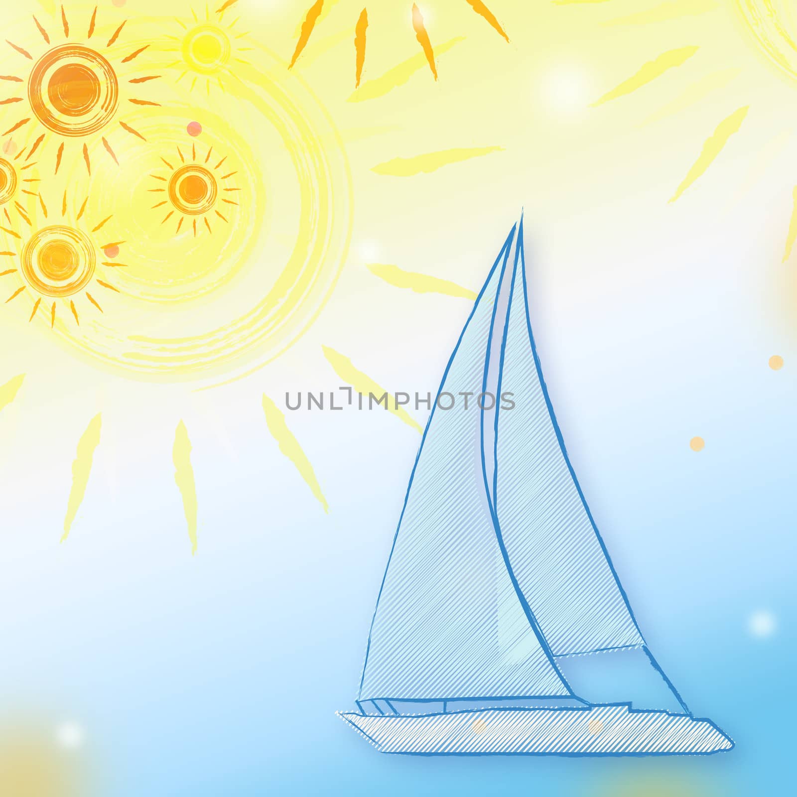 abstract summer background with drawn yellow suns and blue boat
