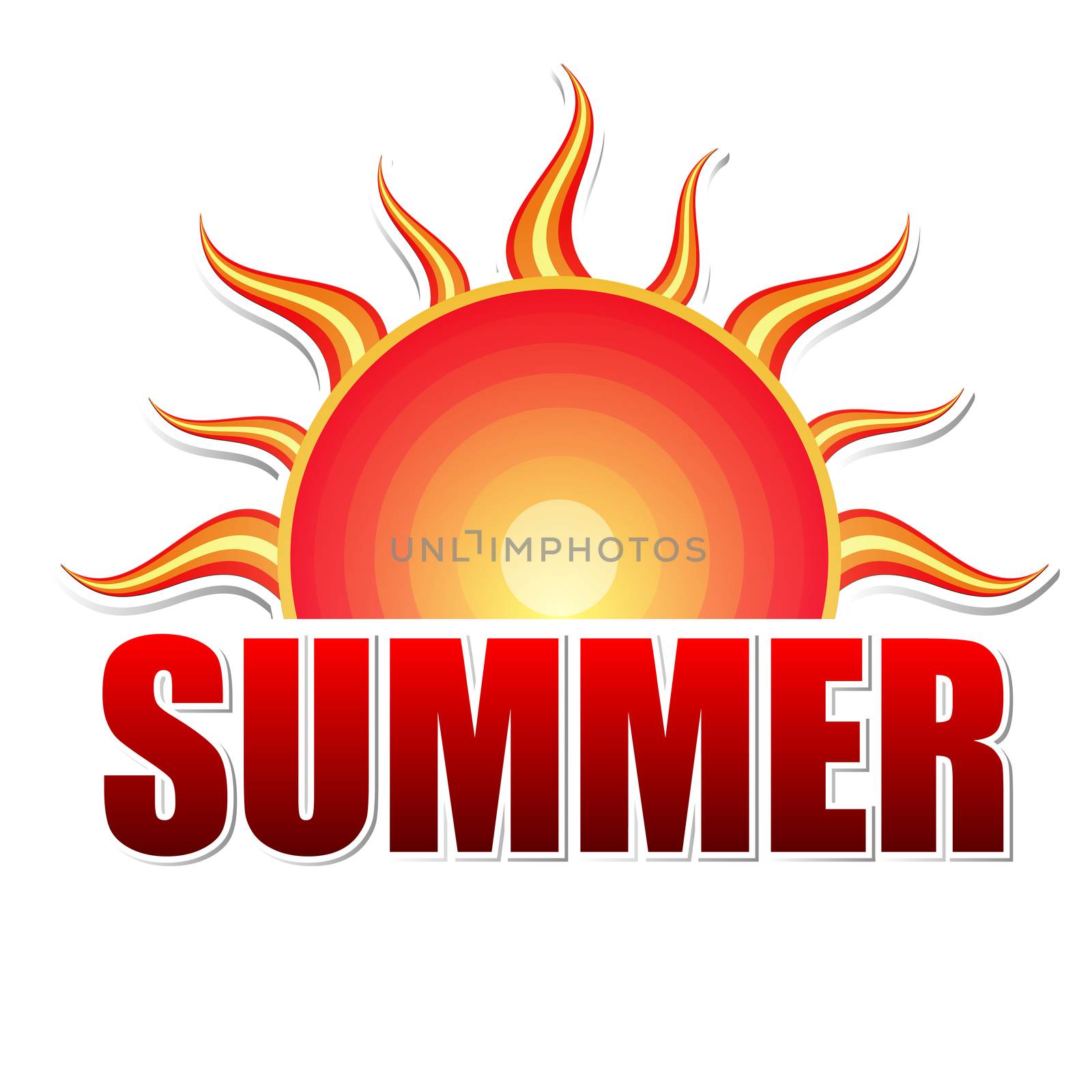 label with text summer and drawn sun in yellow red gradient, isolated